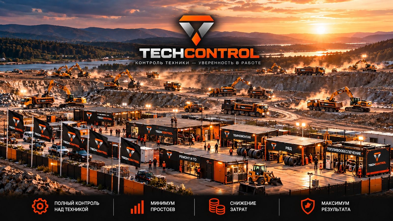 Базовый лагерь TECHCONTROL у карьера на закате